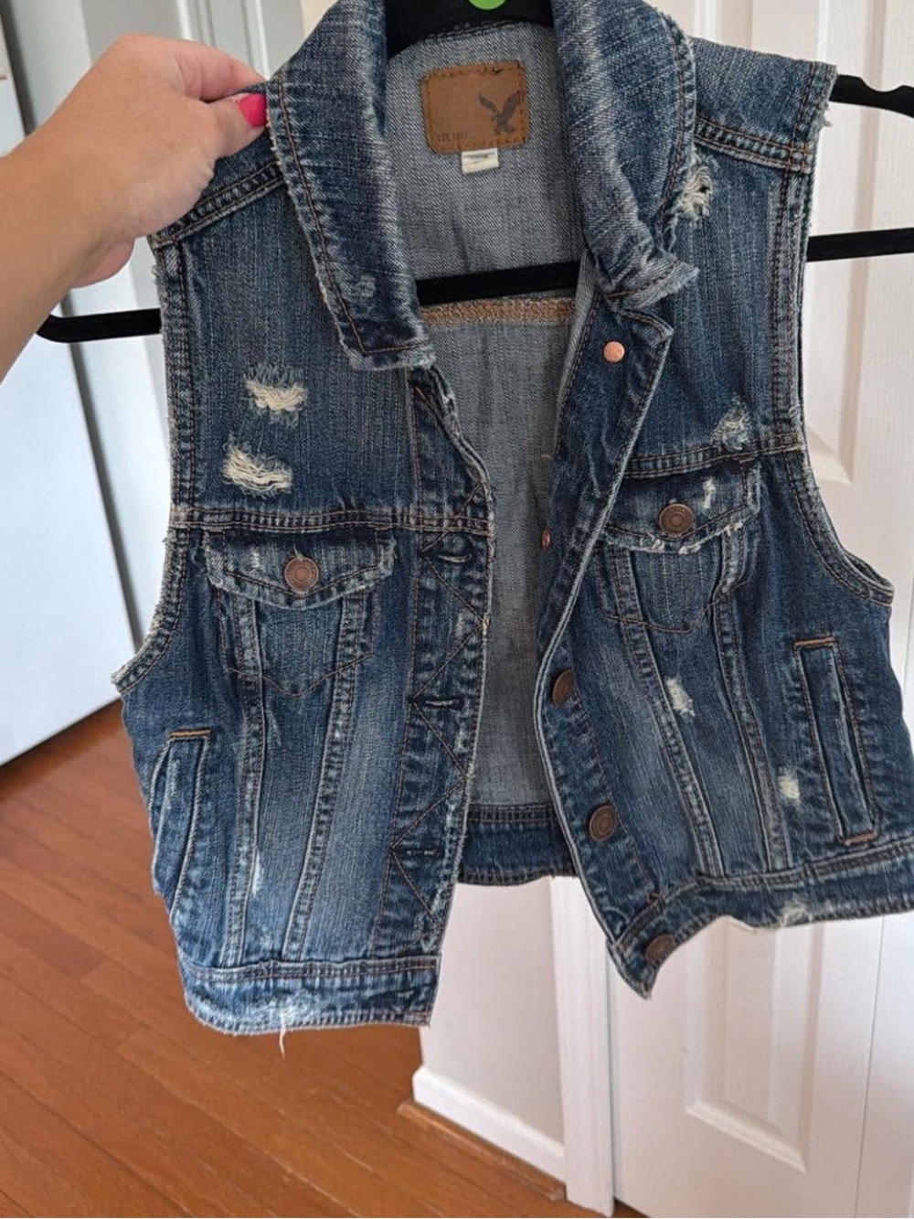 Distressed Denim Vest with Button Front